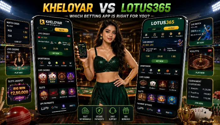A realistic side-by-side comparison image of Kheloyar and Lotus365 betting apps displayed on smartphones with cricket betting visuals, live casino elements, sportsbook graphics, and modern Indian betting platform design. The image highlights differences in betting experience, bonuses, payment methods, and mobile usability for users searching for the best betting app in India.