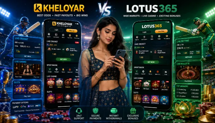 Modern Indian betting app comparison featuring Kheloyar vs Lotus365 with attractive Indian woman and cricket stadium background