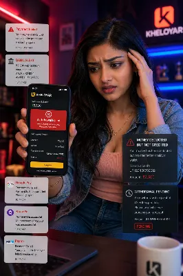Indian woman checking Kheloyar withdrawal failed and money deducted but not credited alert