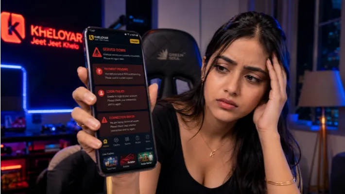 Indian girl checking Kheloyar app server error and payment pending notification on smartphone