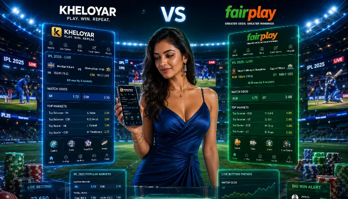 Kheloyar vs Fairplay Cricket Betting App Review Illustration Indian woman comparing cricket betting apps Kheloyar and Fairplay in futuristic IPL stadium