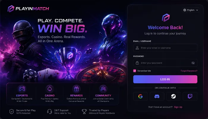 Playinmatch futuristic login page with neon gradients and gaming dashboard