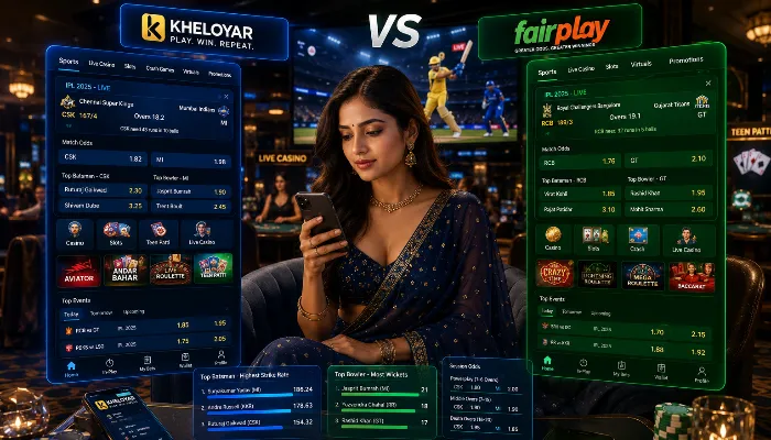 Fairplay vs Kheloyar Live Betting and Casino App Comparison Beautiful Indian girl using Kheloyar and Fairplay betting apps inside luxury gaming lounge