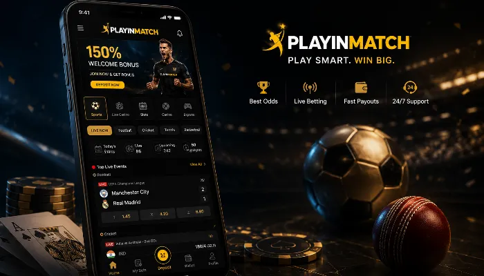 Playinmatch sports betting app interface on mobile with football and cricket theme