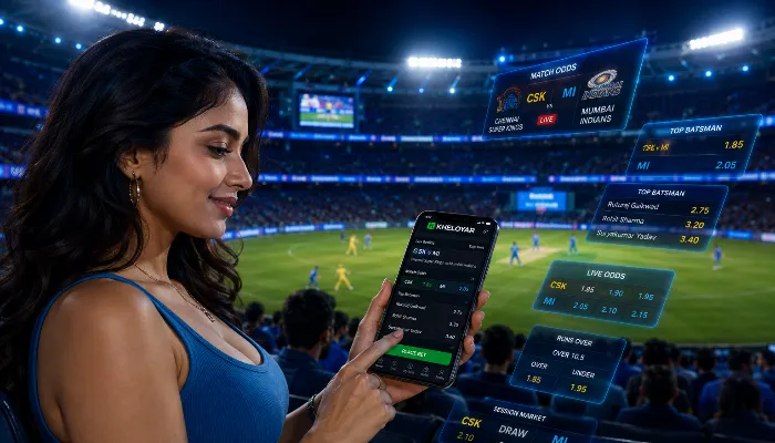 Indian user placing live cricket bets using a betting app like Kheloyar