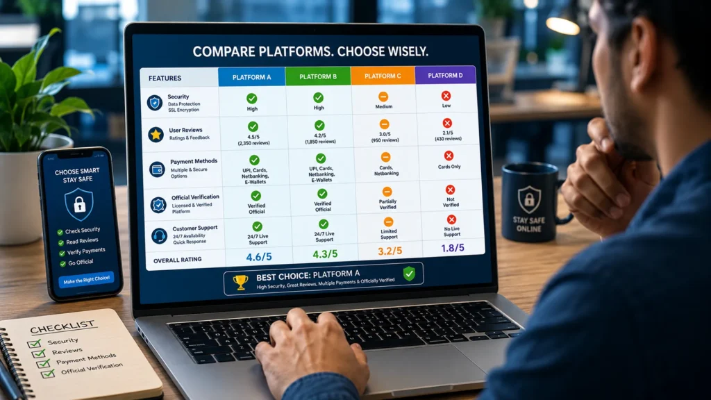 User comparing online platforms based on security, reviews, and payment methods before depositing funds.