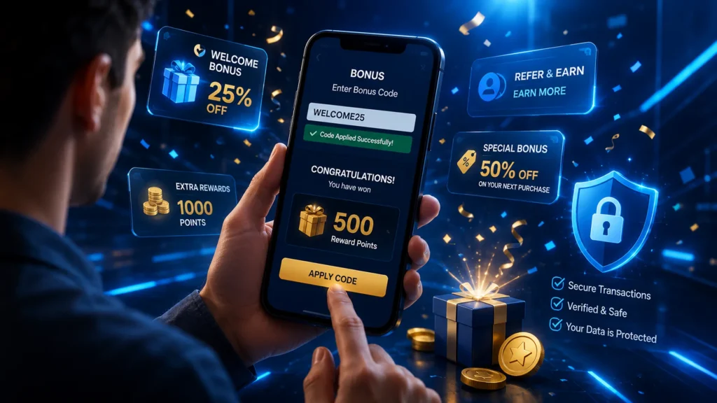 User entering Khelo24 bonus code on mobile with reward cards and security icons