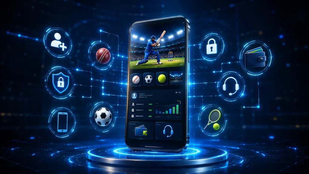 Kheloyar-inspired sports gaming dashboard with registration, login, wallet, and security icons.