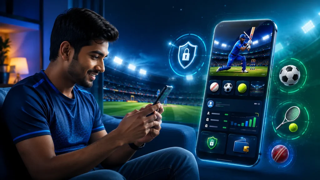 User accessing the Kheloyar platform on a smartphone with live sports and secure login features.