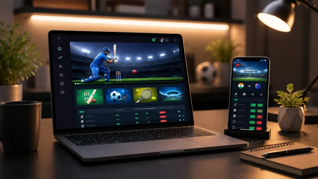 Modern sports gaming dashboard on Kheloyar displayed on a laptop and smartphone.