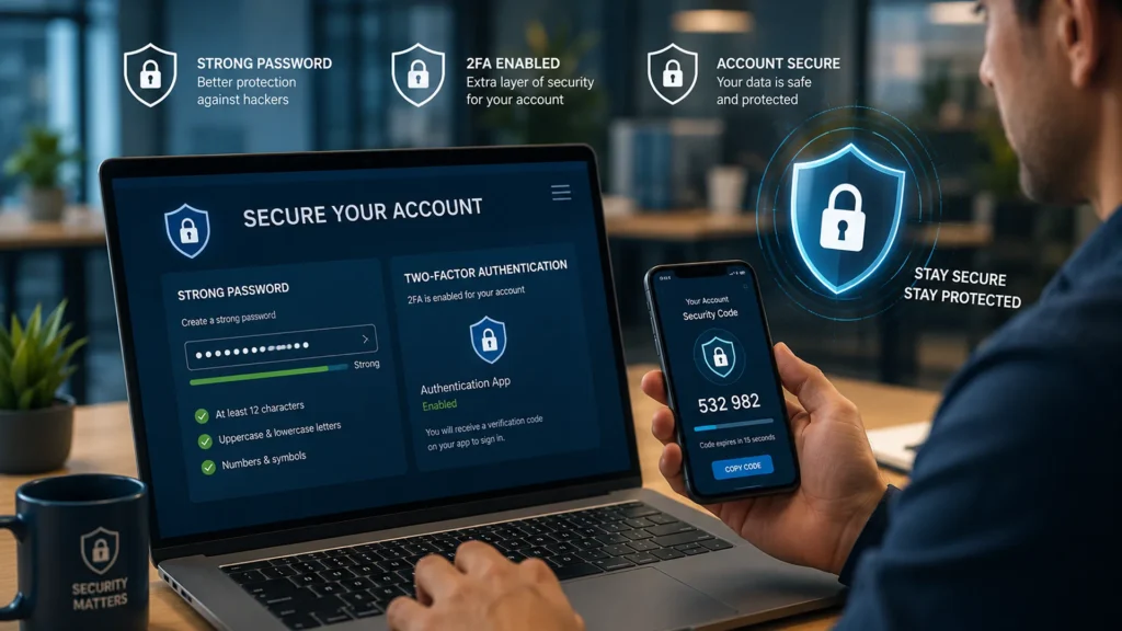 Person using a strong password and two-factor authentication to secure an online account.