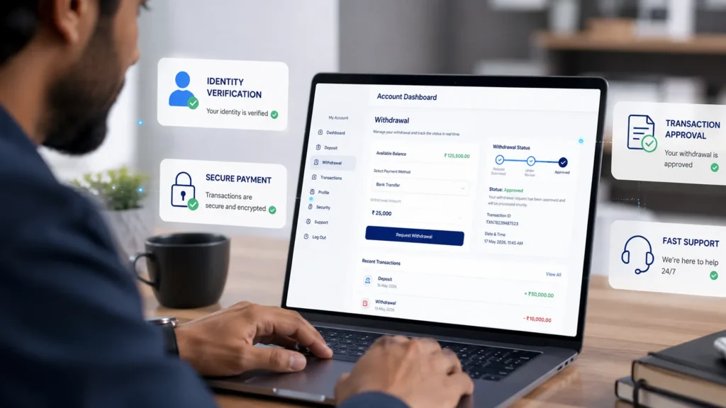 Online withdrawal process with account verification and secure payment approval