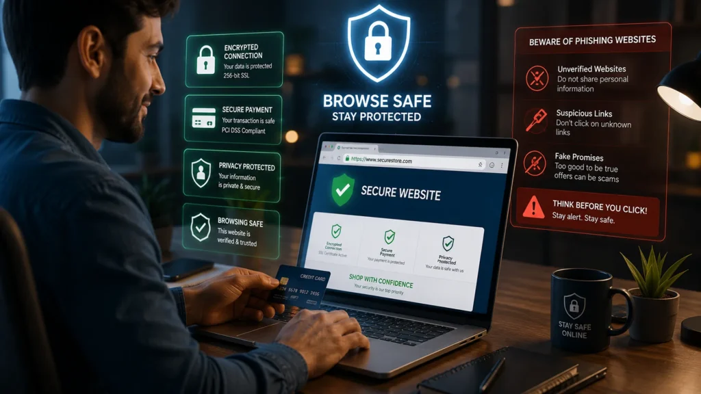 User browsing the internet securely with encrypted connection and cybersecurity protection.