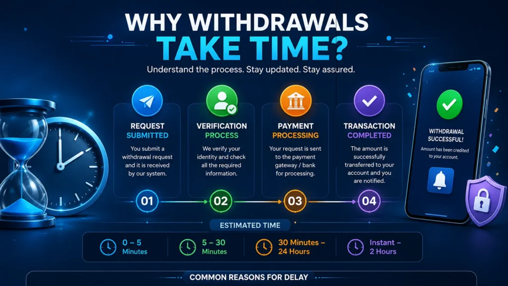 Withdrawal delay reasons with verification, payment gateway, and transaction solution icons
