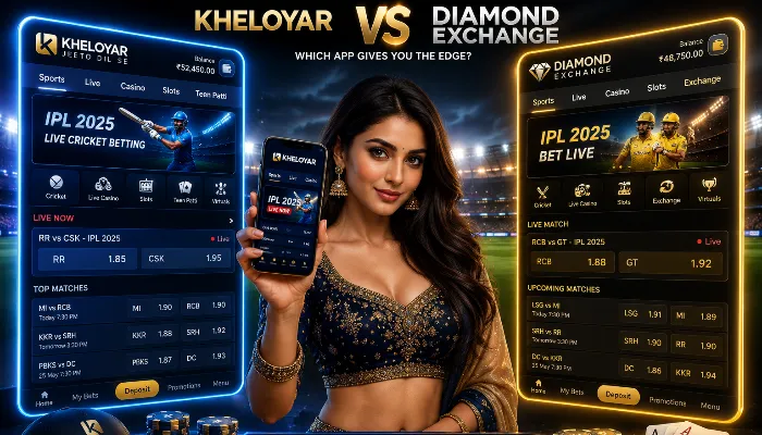 Kheloyar vs Diamond Exchange betting app comparison with live cricket betting interface