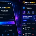 Playinmatch login screen dark theme with neon blue and purple lighting