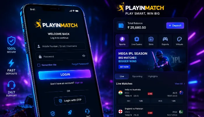 Playinmatch login screen dark theme with neon blue and purple lighting