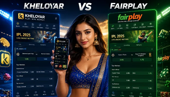 Indian woman comparing Kheloyar vs Fairplay cricket betting apps with live IPL betting interface