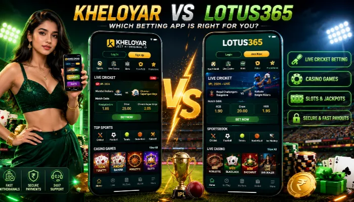 Kheloyar vs Lotus365 betting app comparison for Indian users showing sportsbook features and casino interface