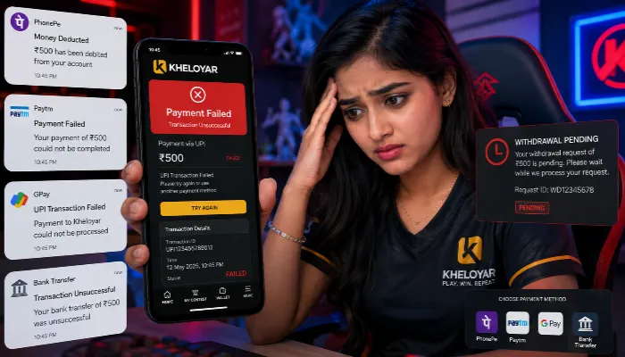 Kheloyar payment failed issue shown on Android phone with UPI and withdrawal error notification