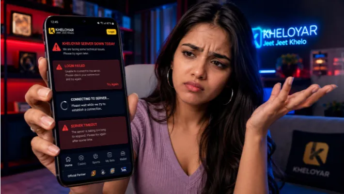 Beautiful Indian woman facing Kheloyar server down error on Android smartphone with login failed warning