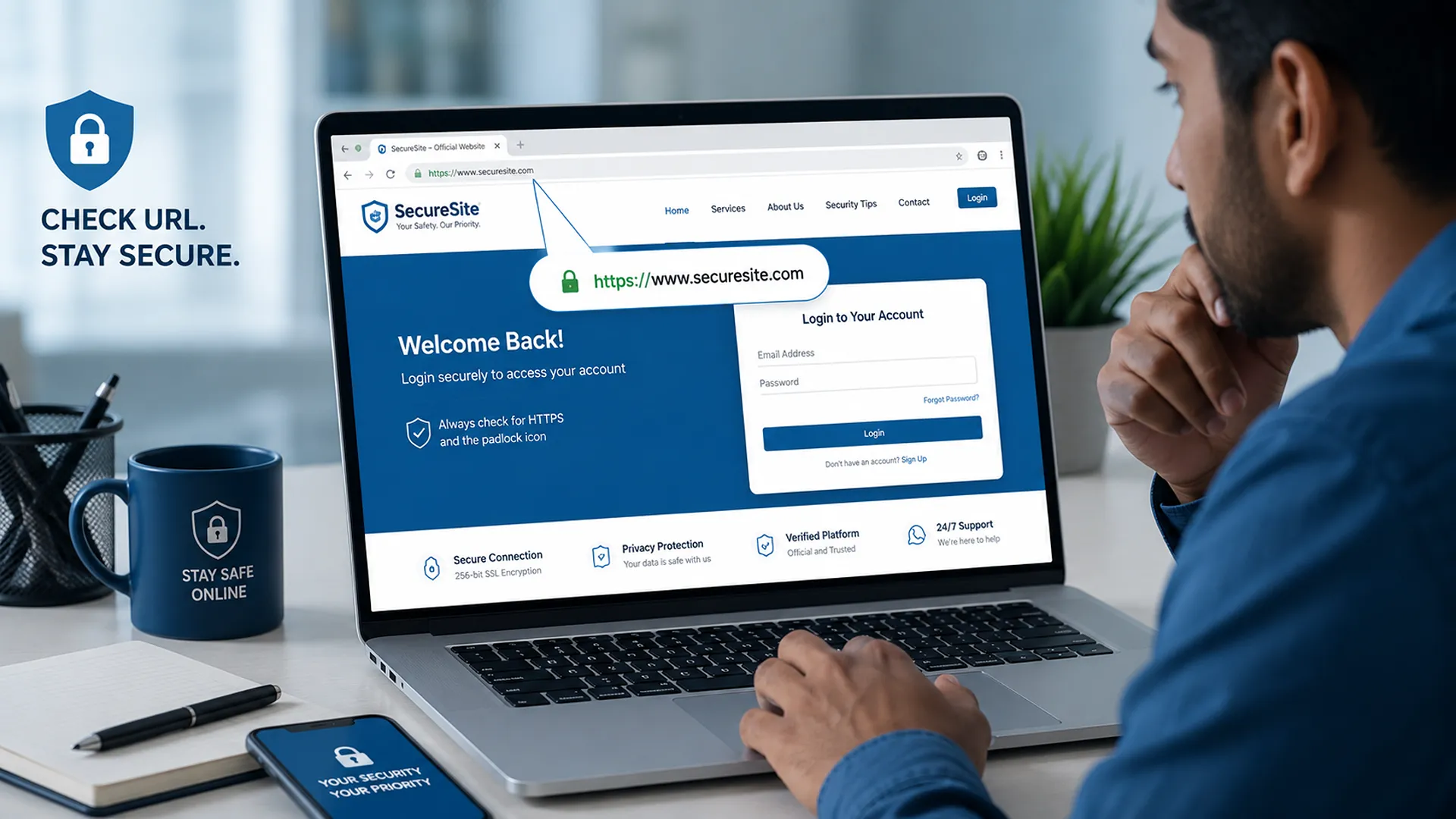 User verifying an official website URL with HTTPS security before logging into an online platform.