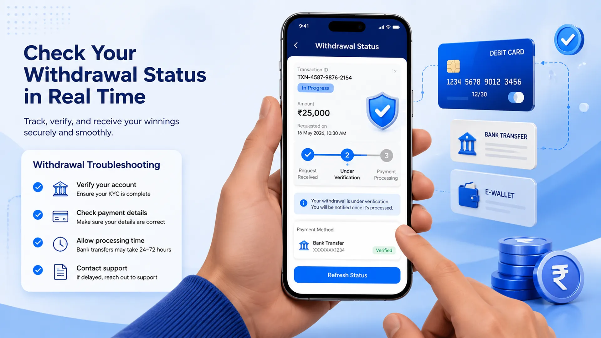 Withdrawal status checking process with verification and payment method icons